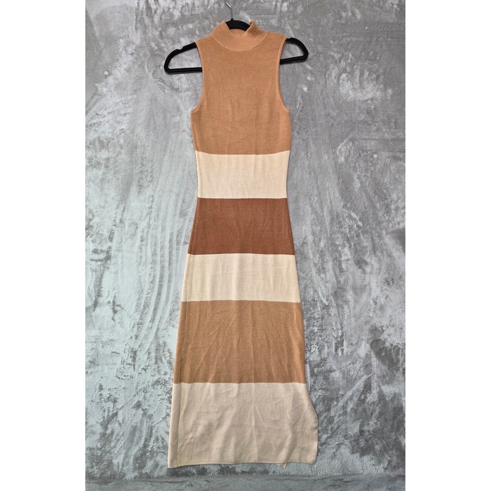 Freshman 1996 Womens Brown Tan Colorblock Ribbed Mock Neck Maxi Dress Small